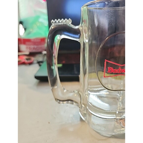 Vintage Budweiser Beer Mug Heavy Glass Stein Red Logo Barware Collectible - Picture 6 of 11
